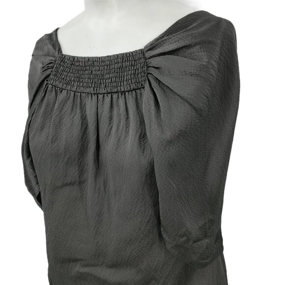 BCBG Max Azria Draped Silk Blouse Size XXS Gray Cape Sleeve Ruched Pleated - Picture 6 of 12